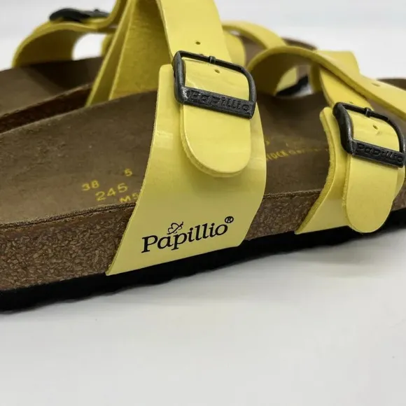 Vtg Birkenstock Yellow Patent Leather Papillio Criss Cross Slides Womens 7 (38)
