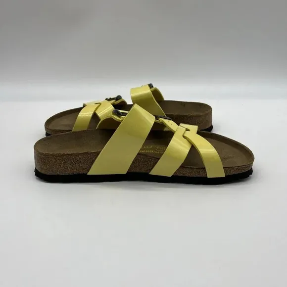 Vtg Birkenstock Yellow Patent Leather Papillio Criss Cross Slides Womens 7 (38)