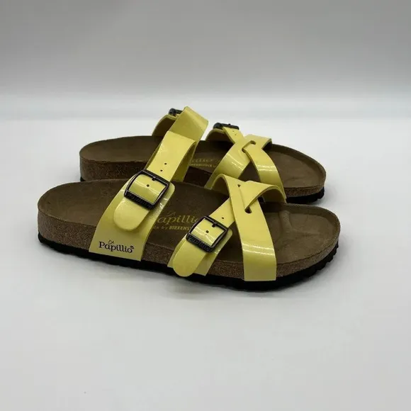 Vtg Birkenstock Yellow Patent Leather Papillio Criss Cross Slides Womens 7 (38)