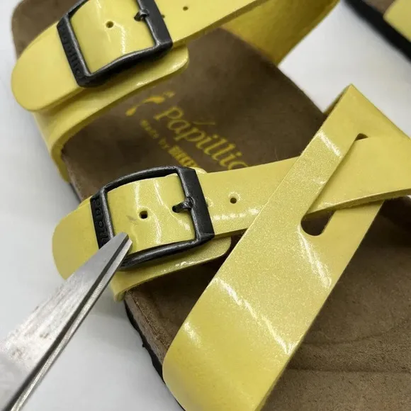 Vtg Birkenstock Yellow Patent Leather Papillio Criss Cross Slides Womens 7 (38)
