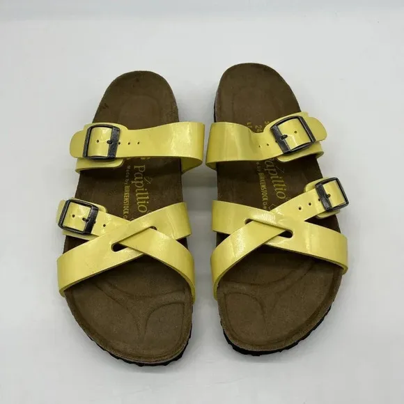 Vtg Birkenstock Yellow Patent Leather Papillio Criss Cross Slides Womens 7 (38)