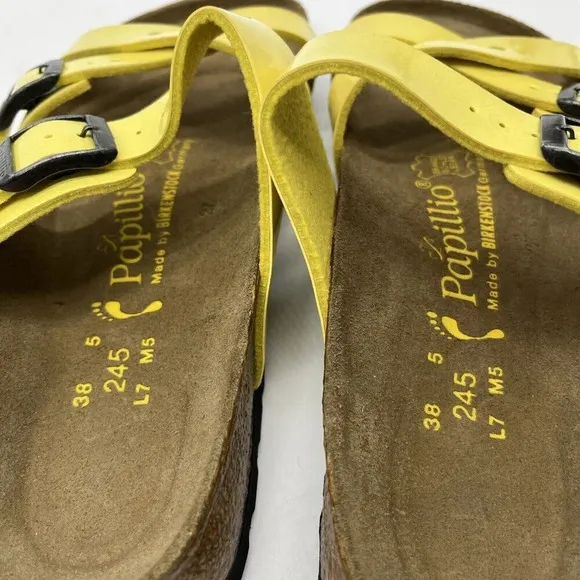 Vtg Birkenstock Yellow Patent Leather Papillio Criss Cross Slides Womens 7 (38)