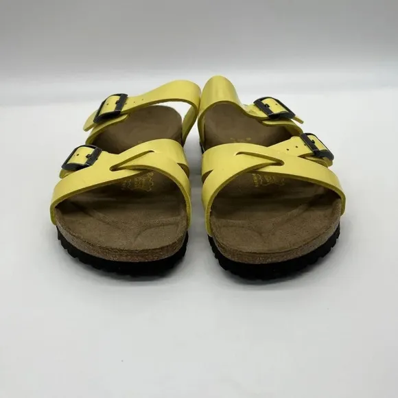 Vtg Birkenstock Yellow Patent Leather Papillio Criss Cross Slides Womens 7 (38)