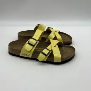 Vtg Birkenstock Yellow Patent Leather Papillio Criss Cross Slides Womens 7 (38)