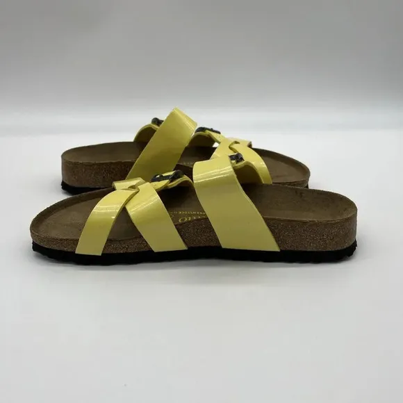 Vtg Birkenstock Yellow Patent Leather Papillio Criss Cross Slides Womens 7 (38)
