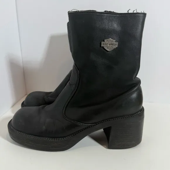 Vtg Harley Davidson Black Leather Boots 81020 Chunky Platform Y2K Biker Sz 6.5