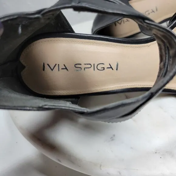 VTG Via Spiga Janel Heels Womens 7 Black Leather Chunky Twisted Strap Block Heel