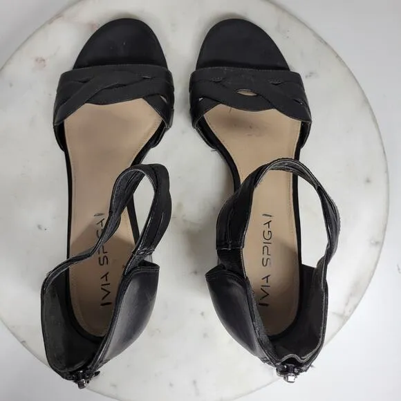 VTG Via Spiga Janel Heels Womens 7 Black Leather Chunky Twisted Strap Block Heel