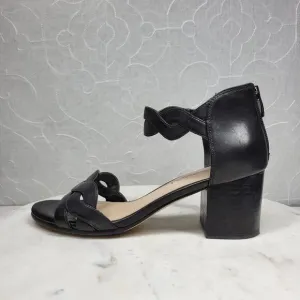 VTG Via Spiga Janel Heels Womens 7 Black Leather Chunky Twisted Strap Block Heel