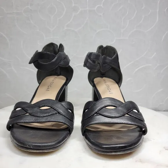 VTG Via Spiga Janel Heels Womens 7 Black Leather Chunky Twisted Strap Block Heel