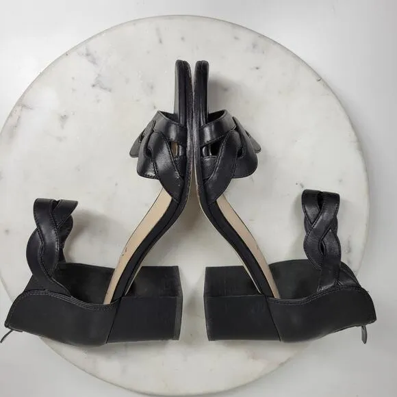 VTG Via Spiga Janel Heels Womens 7 Black Leather Chunky Twisted Strap Block Heel