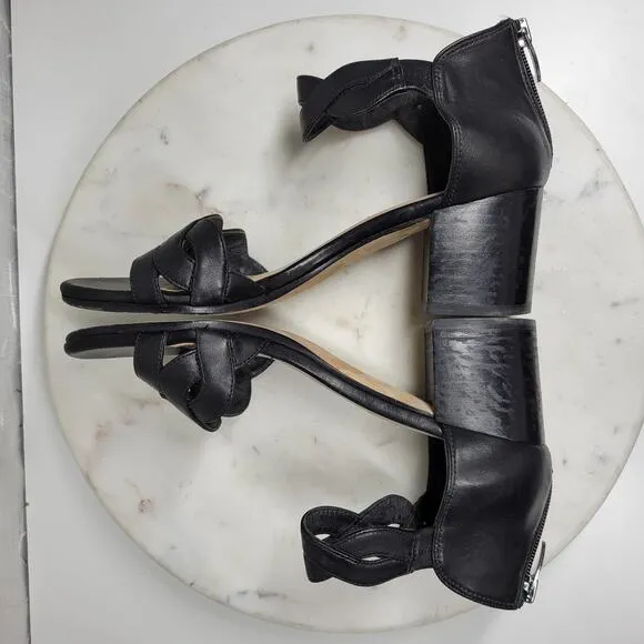 VTG Via Spiga Janel Heels Womens 7 Black Leather Chunky Twisted Strap Block Heel