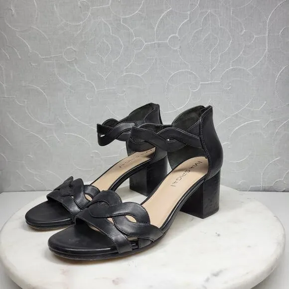 VTG Via Spiga Janel Heels Womens 7 Black Leather Chunky Twisted Strap Block Heel