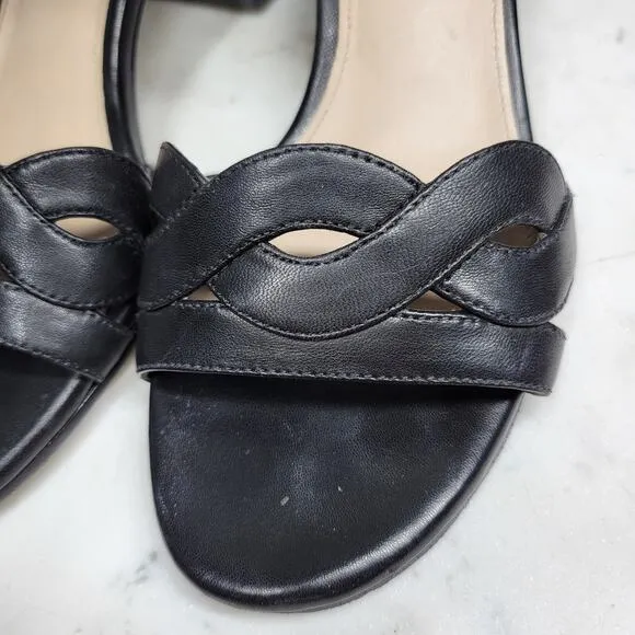 VTG Via Spiga Janel Heels Womens 7 Black Leather Chunky Twisted Strap Block Heel