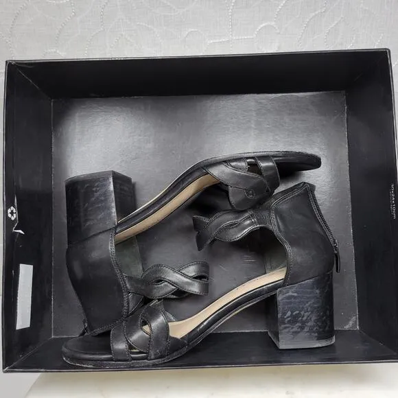 VTG Via Spiga Janel Heels Womens 7 Black Leather Chunky Twisted Strap Block Heel