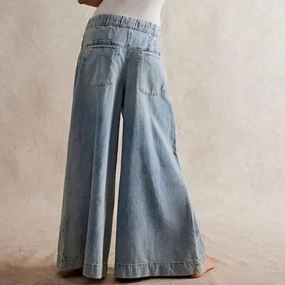 We The Free People Forget Me Knot Pull-On Pleated Yoke Wide Leg Jeans S