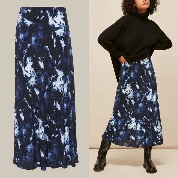 Whistles High Waisted Tie Dye Bias Midi Skirt Flowy Hem Blue Retro Minimalist 2