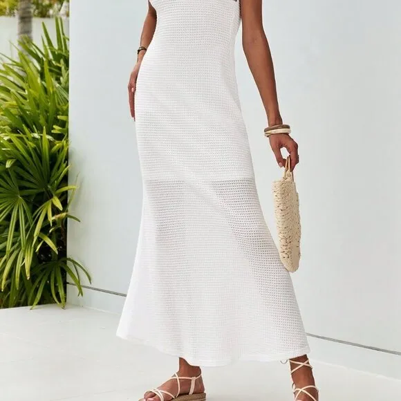 White Boho Women's Slim Fit Crochet Flower Fishtail Dress