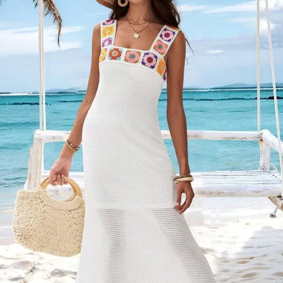 White Boho Women's Slim Fit Crochet Flower Fishtail Dress