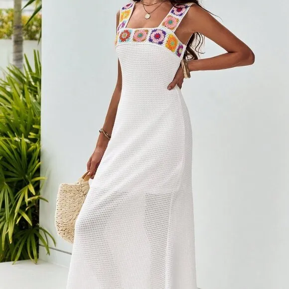White Boho Women's Slim Fit Crochet Flower Fishtail Dress