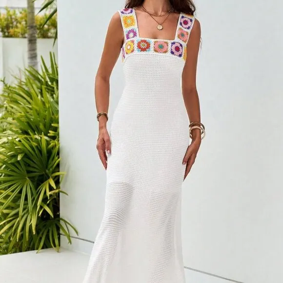 White Boho Women's Slim Fit Crochet Flower Fishtail Dress