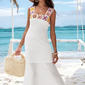 White Boho Women's Slim Fit Crochet Flower Fishtail Dress