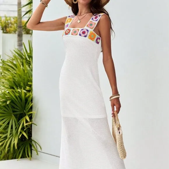White Boho Women's Slim Fit Crochet Flower Fishtail Dress