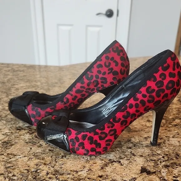 White House Black Market Red and Black Heels with Leopard Print