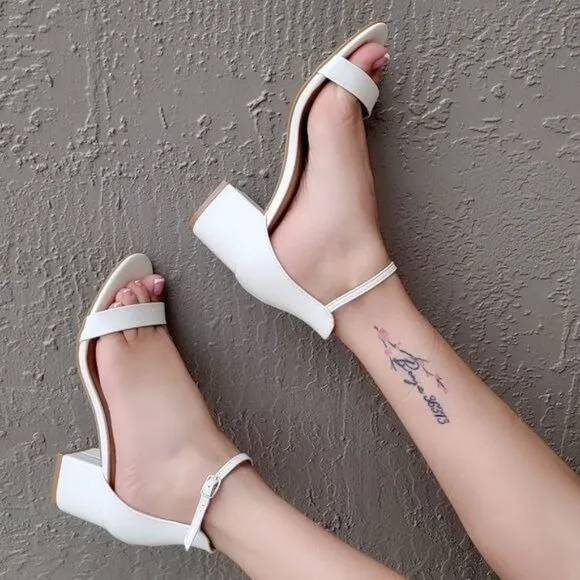 White Ankle Straps Low Chunky Heels Sandals