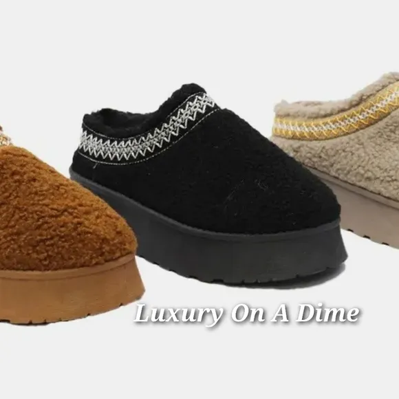 Wild Diva Platform Sherpa Slippers Tazz Embroidered Slip-on Boots Boho Shoes