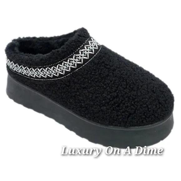 Wild Diva Platform Sherpa Slippers Tazz Embroidered Slip-on Boots Boho Shoes