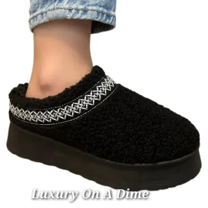Wild Diva Platform Sherpa Slippers Tazz Embroidered Slip-on Boots Boho Shoes