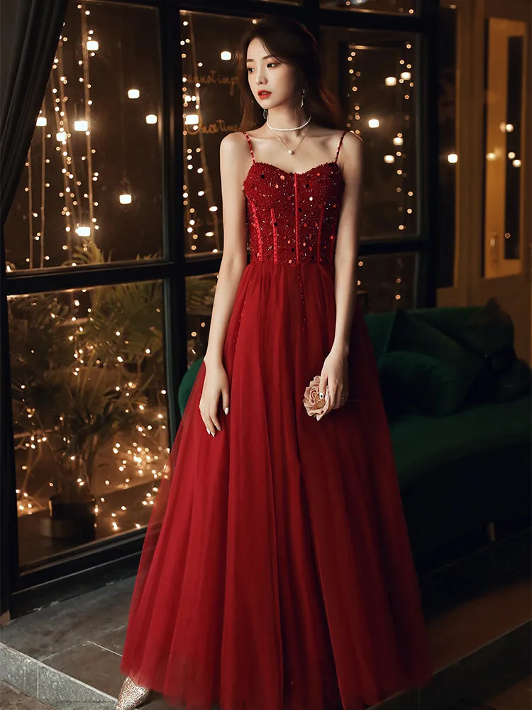 Wine Red Beaded Sweeteart Tulle Straps Long Evening Dress, Wine Red Prom Dresses