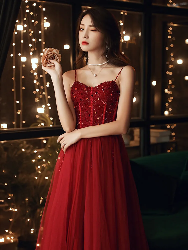 Wine Red Beaded Sweeteart Tulle Straps Long Evening Dress, Wine Red Prom Dresses