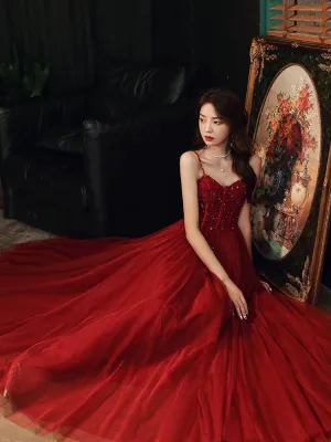 Wine Red Beaded Sweeteart Tulle Straps Long Evening Dress, Wine Red Prom Dresses
