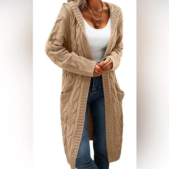 Women Hooded Open Front Cardigan Cable Knit Sweater Coats Khaki Chunky Oversized