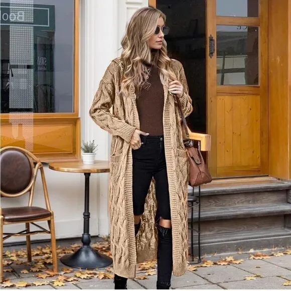 Women Hooded Open Front Cardigan Cable Knit Sweater Coats Khaki Chunky Oversized