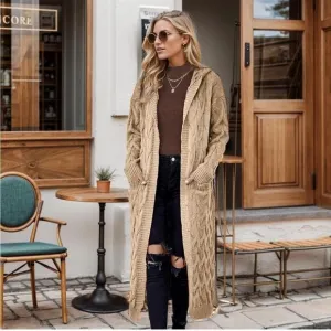 Women Hooded Open Front Cardigan Cable Knit Sweater Coats Khaki Chunky Oversized