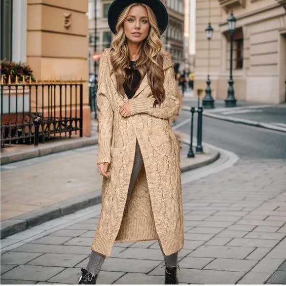 Women Hooded Open Front Cardigan Cable Knit Sweater Coats Khaki Chunky Oversized