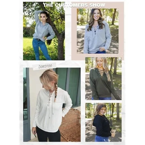 𝅺WOMEN Lace Up V Neck Drawstring Hoodies Sweatshirt, Mint Green