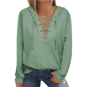 𝅺WOMEN Lace Up V Neck Drawstring Hoodies Sweatshirt, Mint Green
