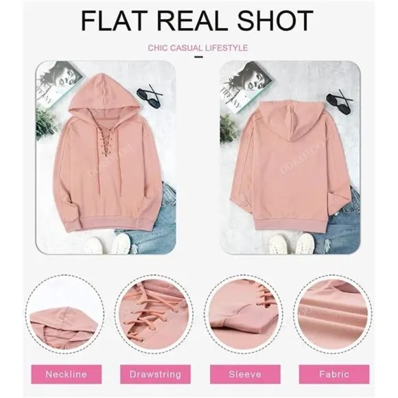 Women Lace Up V Neck Drawstring Hoodies Sweatshirt, Pink