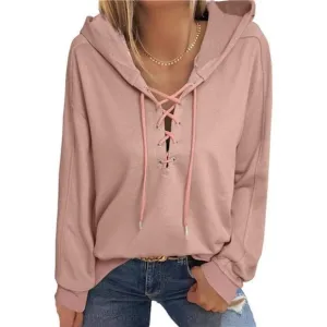 Women Lace Up V Neck Drawstring Hoodies Sweatshirt, Pink