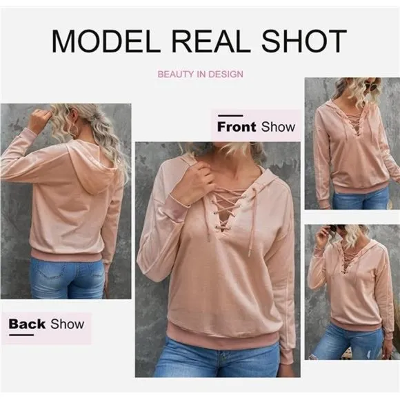 Women Lace Up V Neck Drawstring Hoodies Sweatshirt, Pink