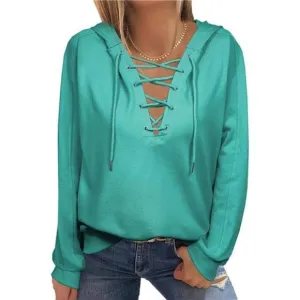 Women Lace Up V Neck Drawstring Hoodies Sweatshirt, Teal Green