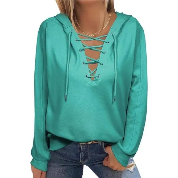 Women Lace Up V Neck Drawstring Hoodies Sweatshirt, Teal Green