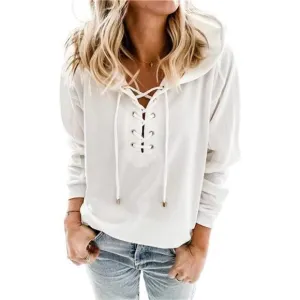 WOMEN Lace Up V Neck Drawstring Hoodies Sweatshirt, White