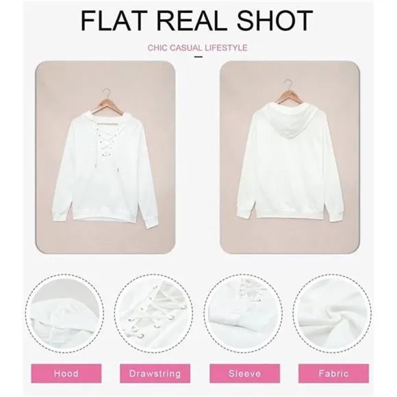 WOMEN Lace Up V Neck Drawstring Hoodies Sweatshirt, White