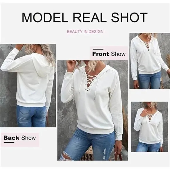 WOMEN Lace Up V Neck Drawstring Hoodies Sweatshirt, White