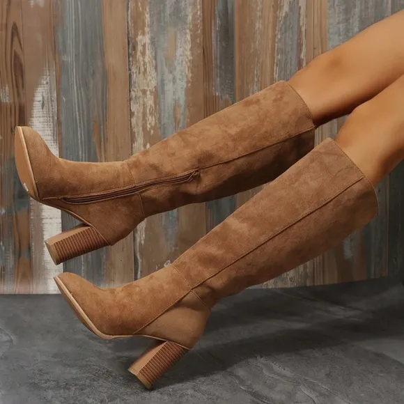 Women Minimalist Side Zipper Chunky Heeled Classic Boots, Elegant Outdoor Faux S